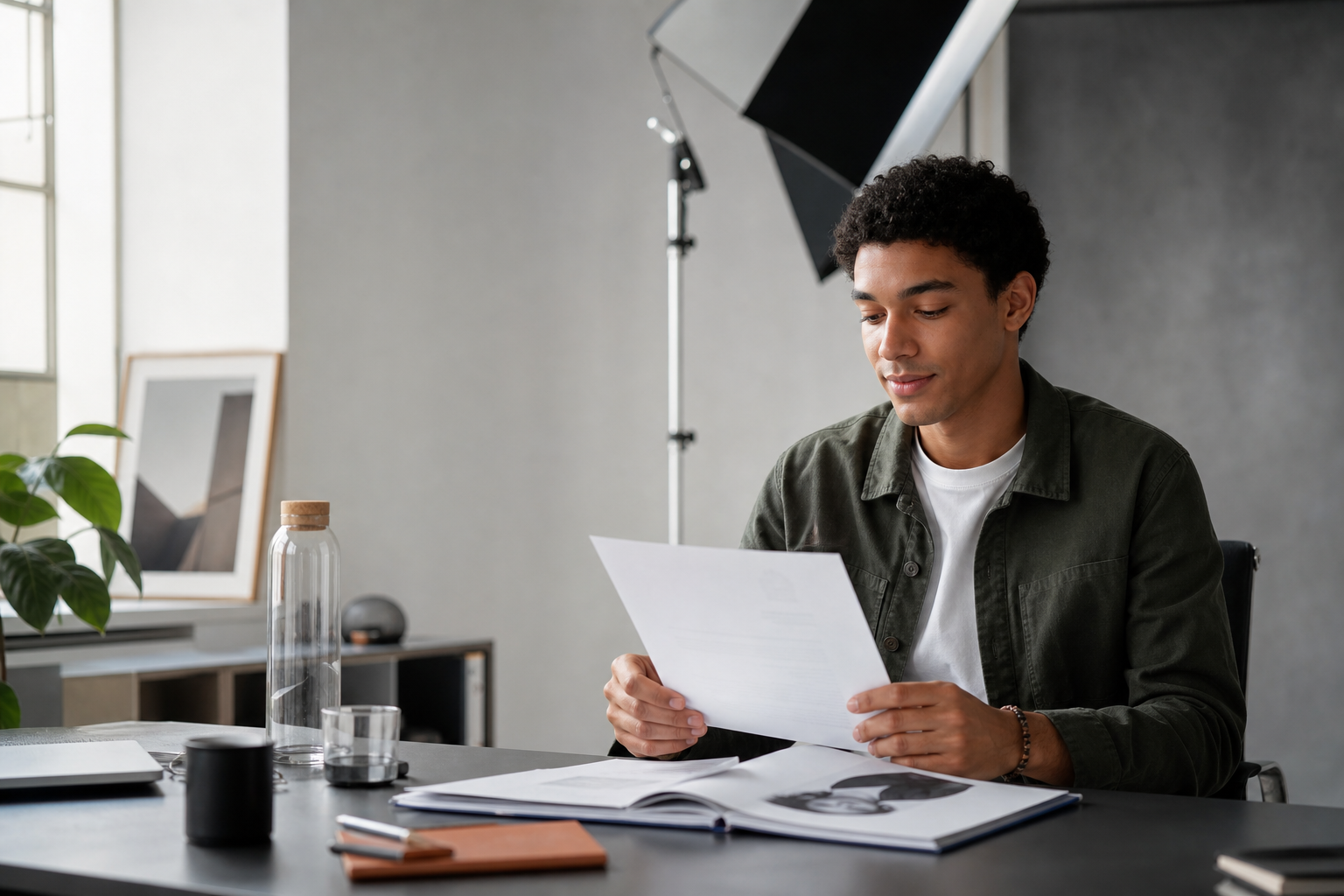 Junge Person beim Prüfen ihrer Bewerbungsunterlagen in einem professionellen Fotostudio
